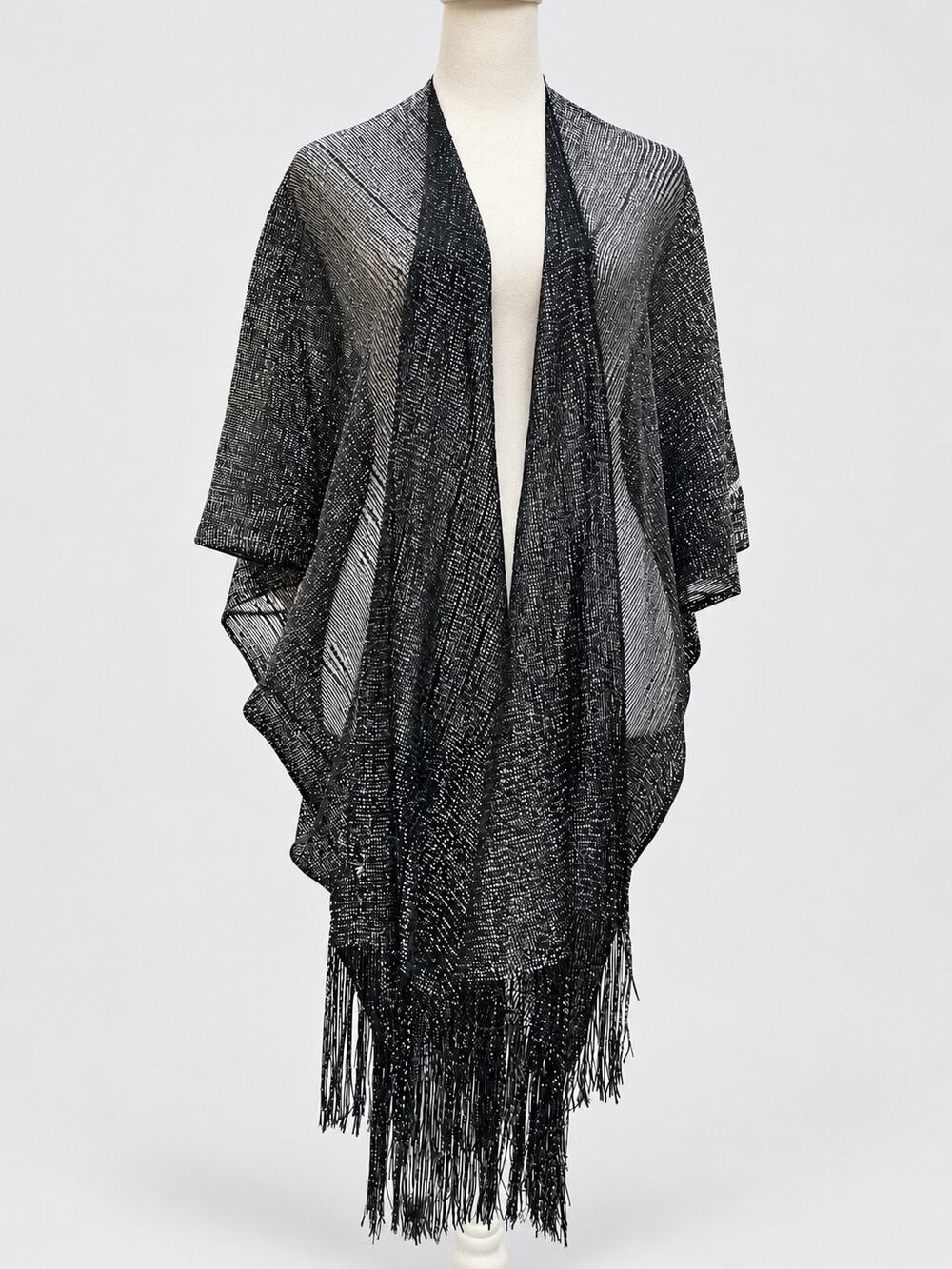 Black Silver Metallic Fringe Evening Wrap Shawl Open Front Draped